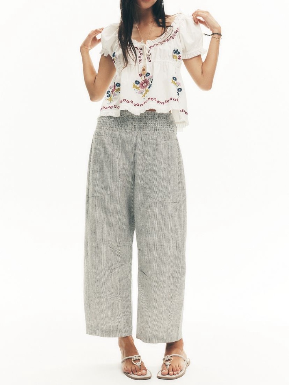 Pilcro Reese Linen cotton smocked pull-on trousers